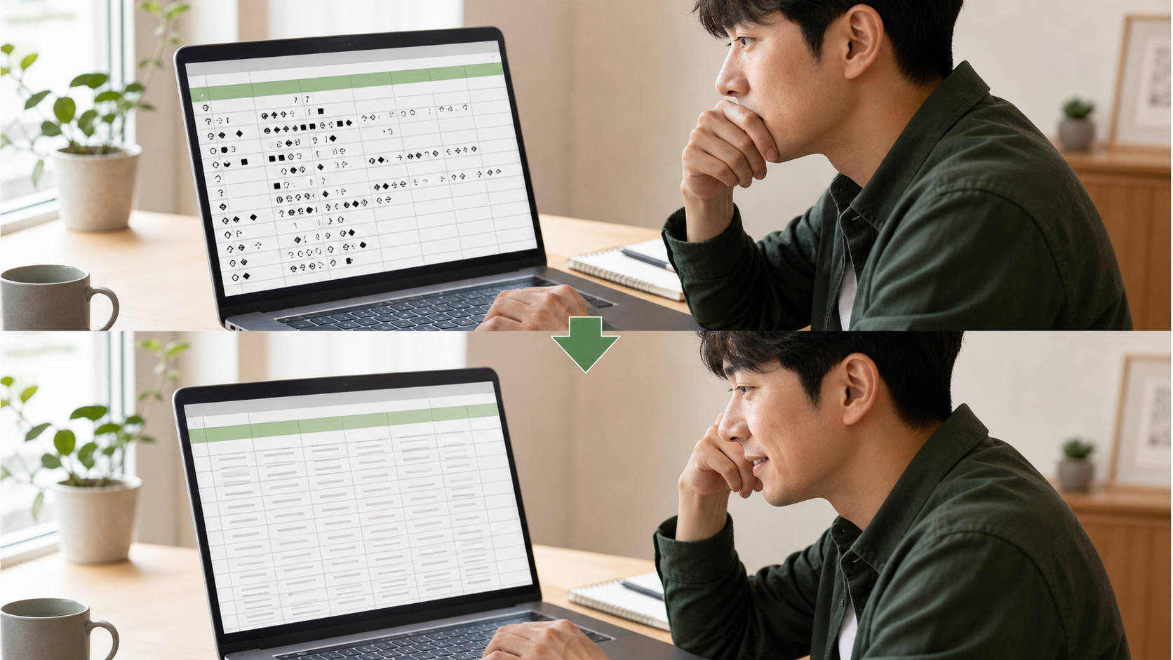 한글이 깨진 CSV 표를 UTF-8로 고쳐 정상 표로 확인하는 모습
