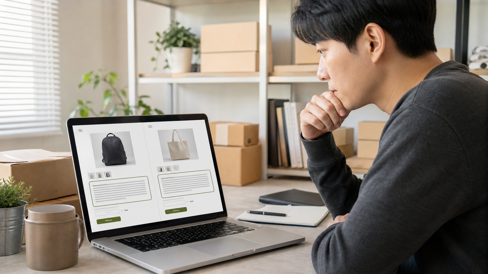 판매자가 서로 다른 두 Shopify 상품 페이지에 같은 설명이 반복되는 문제를 확인하는 모습